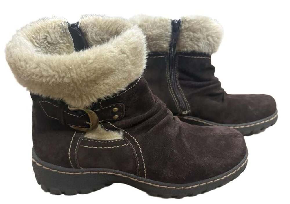Bare Traps Breesen Brown Suede Leather Faux Fur Lined Ankle Boots 7.5M Winter